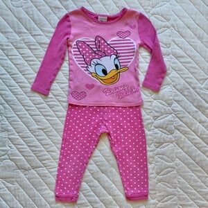 Disney Daisy Duck Pink White Polka Dot Hearts Snug Fitting 2 Piece Pajamas 3T
